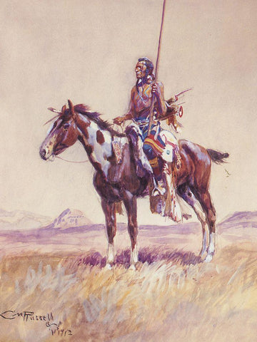 Piegan Chief White Modern Wood Framed Art Print with Double Matting by Russell, Charles Marion