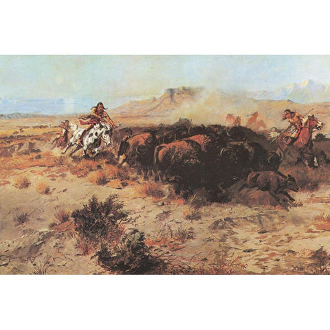 The Buffalo Hunt No 26 White Modern Wood Framed Art Print by Russell, Charles Marion