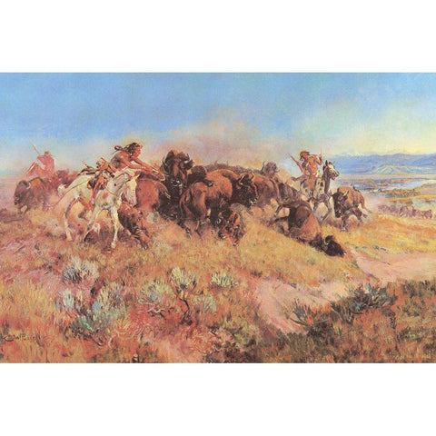 The Buffalo Hunt No 40 White Modern Wood Framed Art Print by Russell, Charles Marion