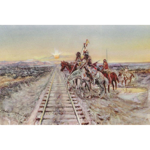 Trail of the Iron Horse Black Modern Wood Framed Art Print with Double Matting by Russell, Charles Marion