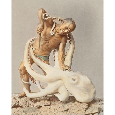 Wood Carving Man and Octopus White Modern Wood Framed Art Print by Kazumasa, Ogawa