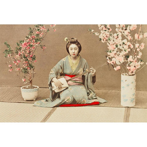 Geisha Playing Samisen Gold Ornate Wood Framed Art Print with Double Matting by Kazumasa, Ogawa