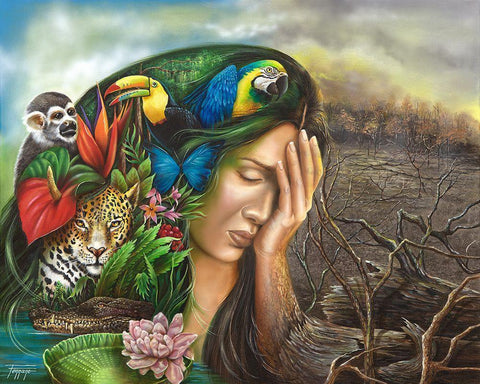 Amazonia Mother Earth in Distress White Modern Wood Framed Art Print with Double Matting by Ferraro