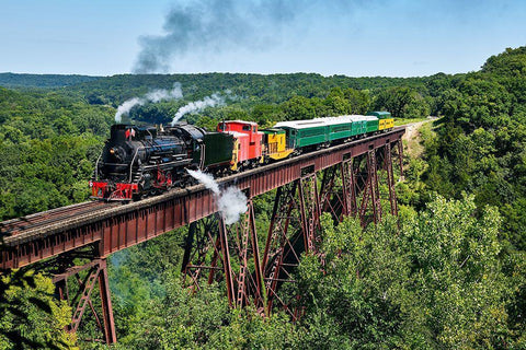 A steam train crosses the 156-foot-tall Bass Point Creek Bridge-Iowa Black Ornate Wood Framed Art Print with Double Matting by Highsmith, Carol