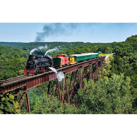 A steam train crosses the 156-foot-tall Bass Point Creek Bridge-Iowa White Modern Wood Framed Art Print by Highsmith, Carol