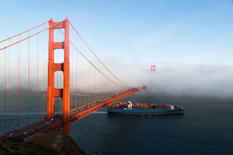 Fog rolls across the Golden Gate Bridge in San Francisco  White Modern Wood Framed Art Print with Double Matting by Highsmith, Carol