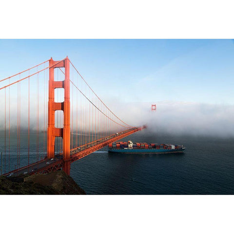 Fog rolls across the Golden Gate Bridge in San Francisco  White Modern Wood Framed Art Print by Highsmith, Carol