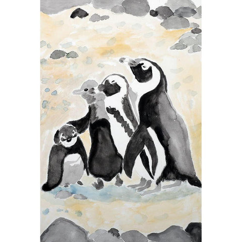 African Penguin Family Gold Ornate Wood Framed Art Print with Double Matting by Derr, Wynn