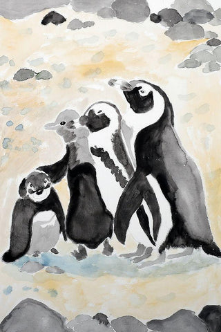 African Penguin Family White Modern Wood Framed Art Print with Double Matting by Derr, Wynn