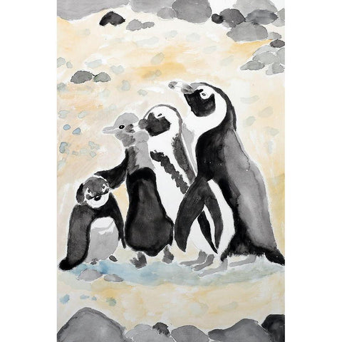 African Penguin Family White Modern Wood Framed Art Print by Derr, Wynn