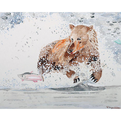 Grizzly Chasing Salmon Black Modern Wood Framed Art Print with Double Matting by Derr, Wynn