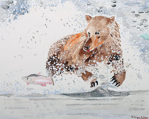 Grizzly Chasing Salmon Black Ornate Wood Framed Art Print with Double Matting by Derr, Wynn