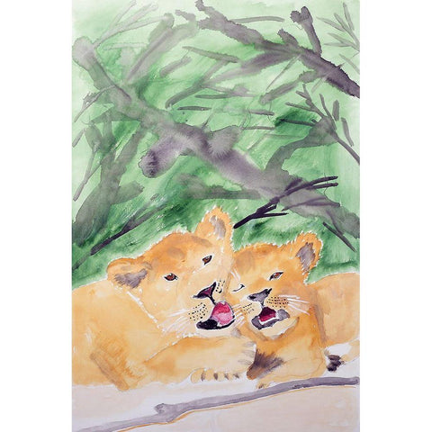 Lion Cubs Black Modern Wood Framed Art Print with Double Matting by Derr, Wynn