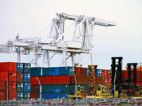 Container facility at Oakland Harbor-California Black Ornate Wood Framed Art Print with Double Matting by Highsmith, Carol