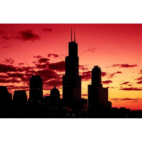 Chicagos Skyline appears in silhouette at sunset Gold Ornate Wood Framed Art Print with Double Matting by Highsmith, Carol