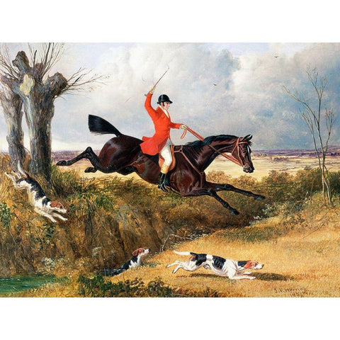 Foxhunting-Clearing a Ditch Gold Ornate Wood Framed Art Print with Double Matting by Herring, John Frederick