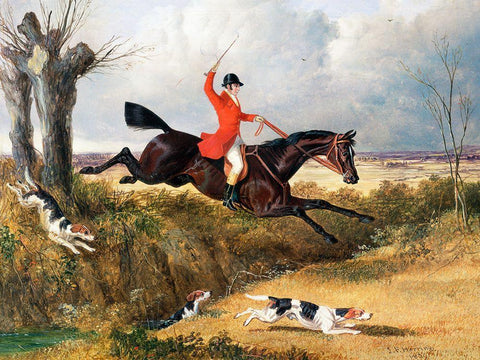 Foxhunting-Clearing a Ditch White Modern Wood Framed Art Print with Double Matting by Herring, John Frederick