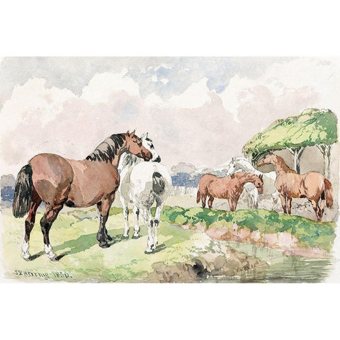 Five Horses near a Brook Black Modern Wood Framed Art Print with Double Matting by Herring, John Frederick