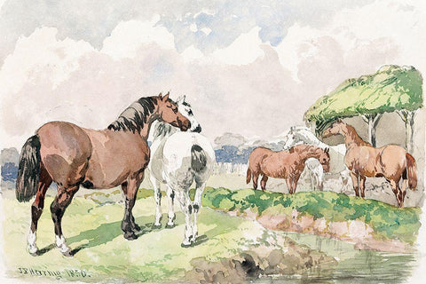 Five Horses near a Brook White Modern Wood Framed Art Print with Double Matting by Herring, John Frederick