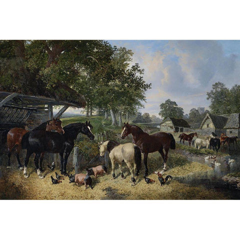 Horses-pigs and chickens in a farmyard Black Modern Wood Framed Art Print with Double Matting by Herring, John Frederick