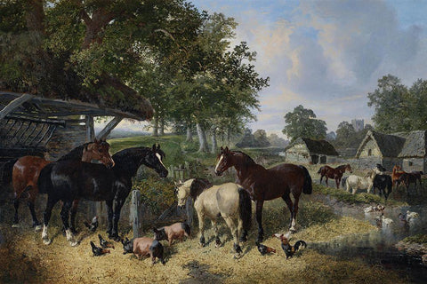 Horses-pigs and chickens in a farmyard White Modern Wood Framed Art Print with Double Matting by Herring, John Frederick