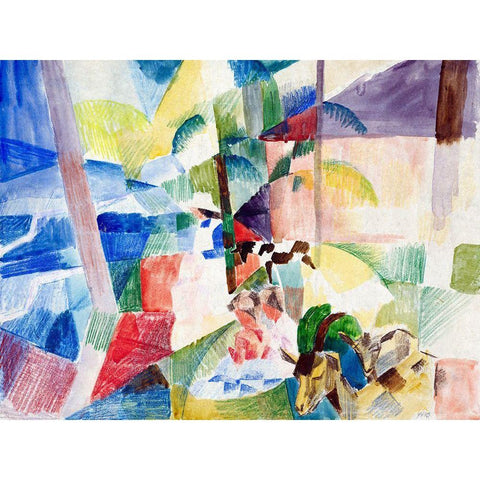 Landscape with children and goats Black Modern Wood Framed Art Print with Double Matting by Macke, August