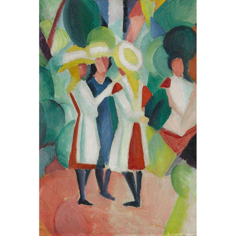 Three girls in yellow straw hats White Modern Wood Framed Art Print by Macke, August