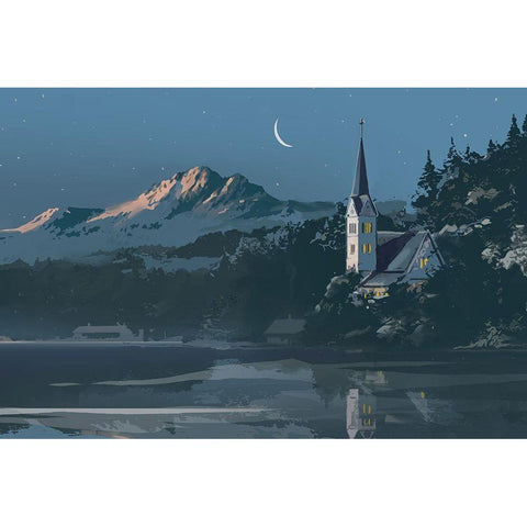 Winter Church White Modern Wood Framed Art Print by East Coast Licensing