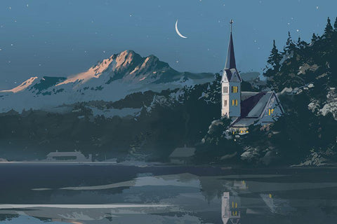 Winter Church White Modern Wood Framed Art Print with Double Matting by East Coast Licensing