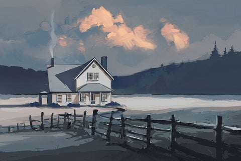 Winter House White Modern Wood Framed Art Print with Double Matting by East Coast Licensing