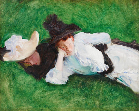 Two Girls on a Lawn Black Ornate Wood Framed Art Print with Double Matting by Sargent, John Singer