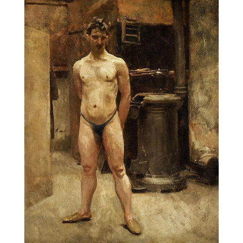 A Male Model Standing before a Stove White Modern Wood Framed Art Print by Sargent, John Singer