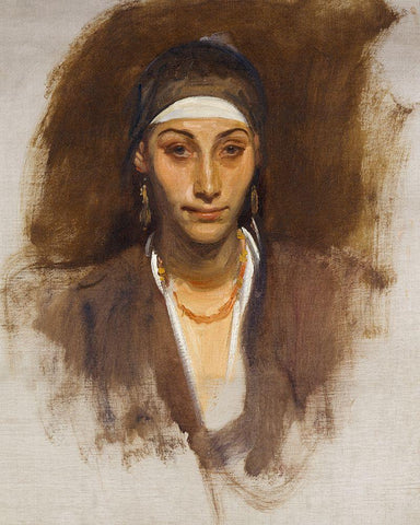 Egyptian Woman with Earrings White Modern Wood Framed Art Print with Double Matting by Sargent, John Singer