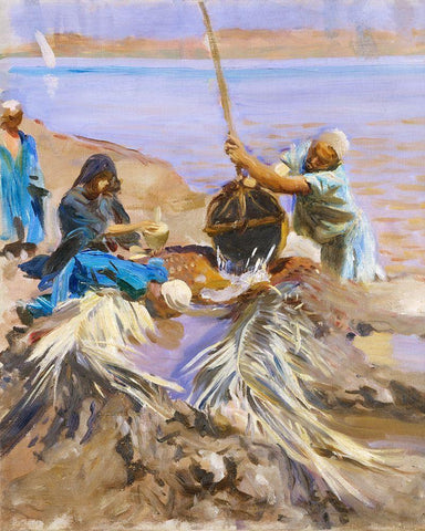 Egyptians Raising Water from the Nile White Modern Wood Framed Art Print with Double Matting by Sargent, John Singer