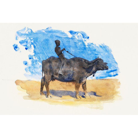 Boy on Water Buffalo Black Modern Wood Framed Art Print with Double Matting by Sargent, John Singer