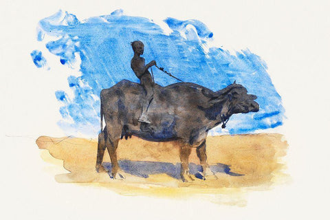 Boy on Water Buffalo White Modern Wood Framed Art Print with Double Matting by Sargent, John Singer