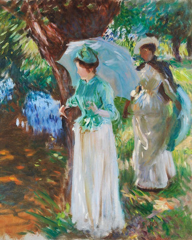 Two Girls with Parasols White Modern Wood Framed Art Print with Double Matting by Sargent, John Singer