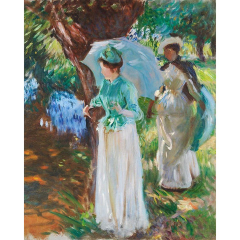 Two Girls with Parasols Gold Ornate Wood Framed Art Print with Double Matting by Sargent, John Singer