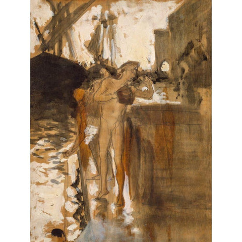 The Balcony-Spain and Two Nude Bathers Standing on a Wharf Black Modern Wood Framed Art Print with Double Matting by Sargent, John Singer