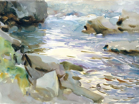 Stream and Rocks White Modern Wood Framed Art Print with Double Matting by Sargent, John Singer