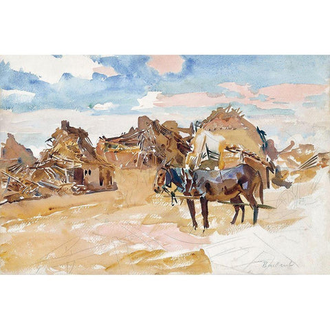 Mules and Ruins September Gold Ornate Wood Framed Art Print with Double Matting by Sargent, John Singer