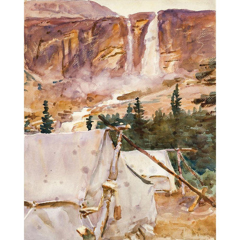 Camp and Waterfall Gold Ornate Wood Framed Art Print with Double Matting by Sargent, John Singer