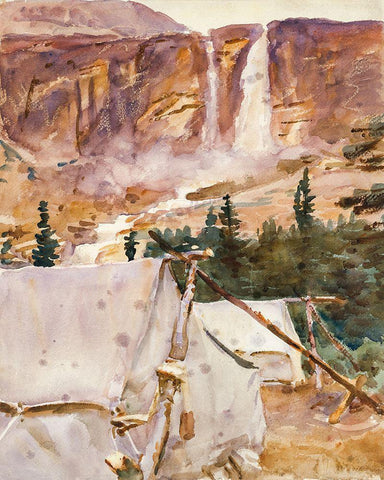 Camp and Waterfall White Modern Wood Framed Art Print with Double Matting by Sargent, John Singer