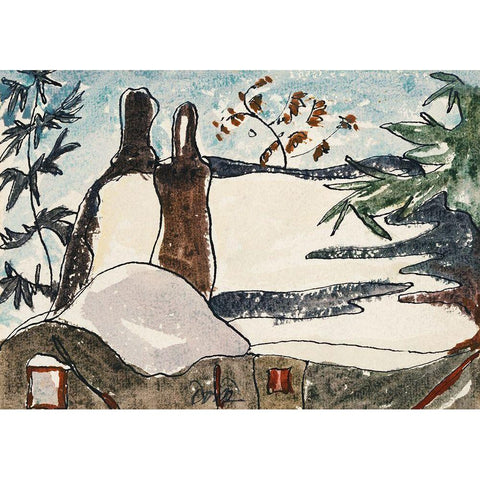 Snowy Rooftops and Trees Black Modern Wood Framed Art Print with Double Matting by Dove, Arthur