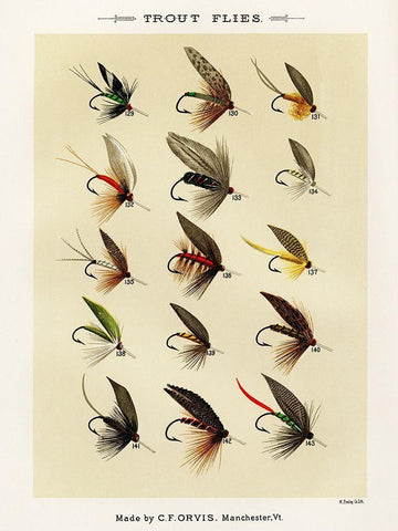 Trout Fishing Flies I from Favorite Flies and Their Histories Black Ornate Wood Framed Art Print with Double Matting by Marbury, Mary Orvis