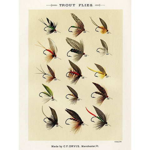 Trout Fishing Flies I from Favorite Flies and Their Histories Gold Ornate Wood Framed Art Print with Double Matting by Marbury, Mary Orvis