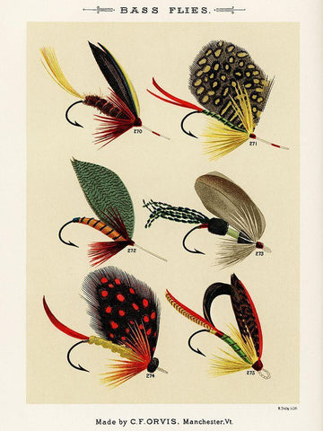 Bass Fishing Flies II from Favorite Flies and Their Histories Black Ornate Wood Framed Art Print with Double Matting by Marbury, Mary Orvis