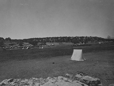 Survey camp near Fort Wingate-New Mexico 1874 Black Ornate Wood Framed Art Print with Double Matting by OSullivan, Timothy H