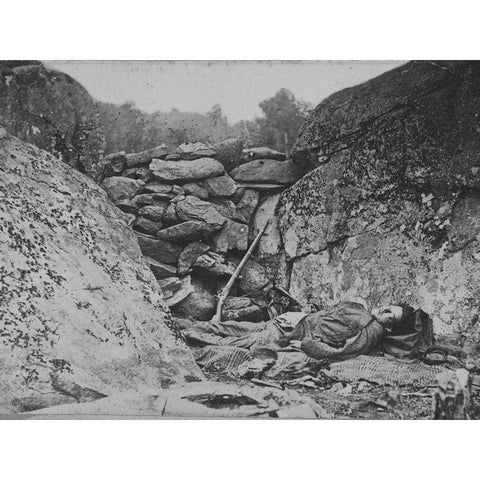 Rocks could not save him at the Battle of Gettysburg White Modern Wood Framed Art Print by OSullivan, Timothy H