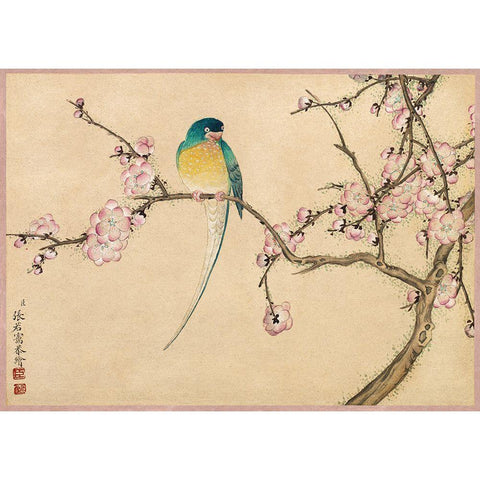 Bird with Plum Blossoms Gold Ornate Wood Framed Art Print with Double Matting by Ruoai, Zhang